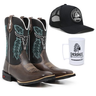 Kit Country Texana Bone Caneca Bota Cano Alto Bico Quadrado Couro Montaria Pecuaria Rodeio