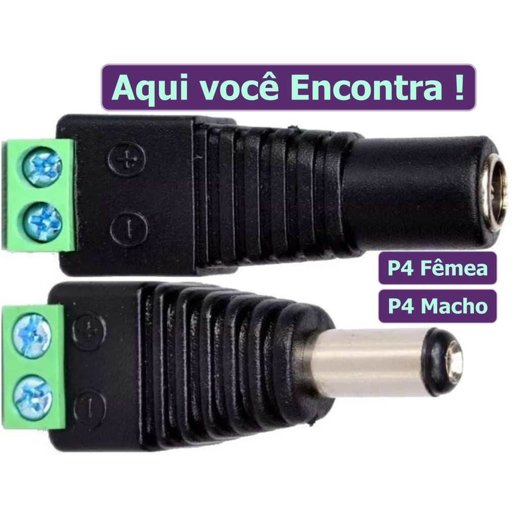 Kit Com 06/12/24 Conector P4 Com Bornes P4 Macho P4 Femea Plug 5,5x2,1 Mm Cftv Camera Fita Led CC Fonte Alimentacao P4 Masculino P4 Feminino Jack