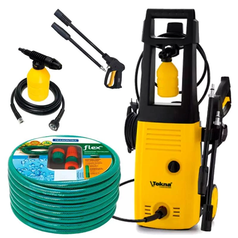 Lavadora de Alta Pressão 1400W c Shampoozeira Rodas e Alça Longa HLX TEKNA Mangueira
