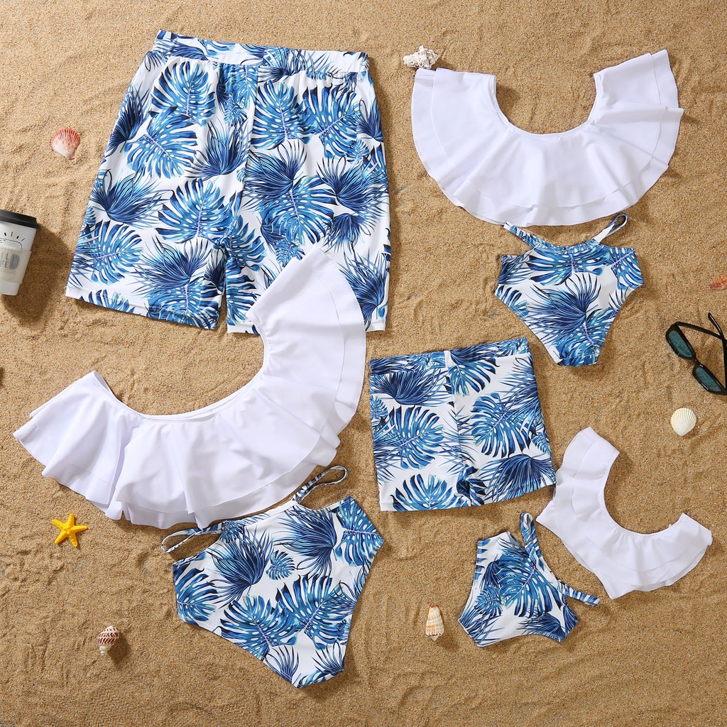 Família Conjunto Maiô Mãe E Filha Swimwear Folha Azul Biquíni Para O Bebê Da Menina Dos Homens 