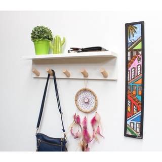 Cabideiro de Parede com Prateleira - Gancho Super Resistente - 50x10x11,5cm MDF Branco (Gancho Redondo)