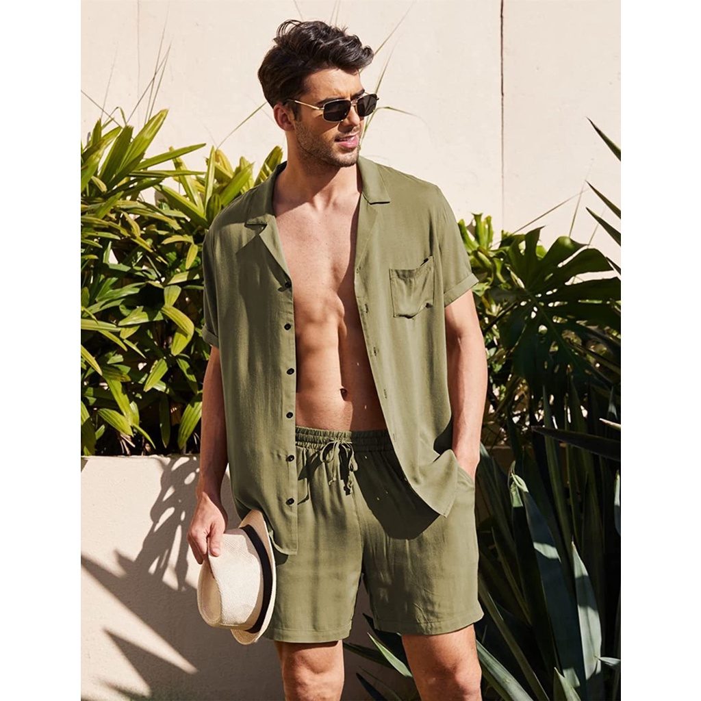 Novo Estilo Camisa De Linho Masculina Manga Curta Roupa Verão Largo Casual Cardigan De Algodão Shorts