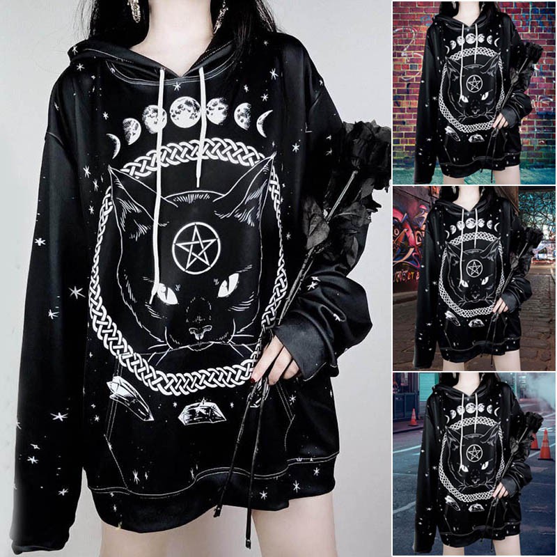 Moletom Com Estampa De Pentagrama Garter / Vodu / Magia / Gato / Lua / Incluído