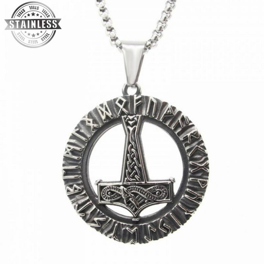 JewelryWe Collana con pendente uomo, retrò ciondolo lupo Martillo Gran Thor Mjolnir, Amuleto pendente dell'annata, acciaio inossidabile argento Nero