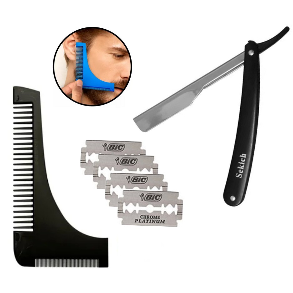 Navalhete Inox De Barbeiro Profissional + Pente Alinhador + 5 lamina