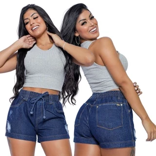 Short Jeans Feminino 100% Sem Elastano Elastico Cos Escuro Rasgado Tendencia