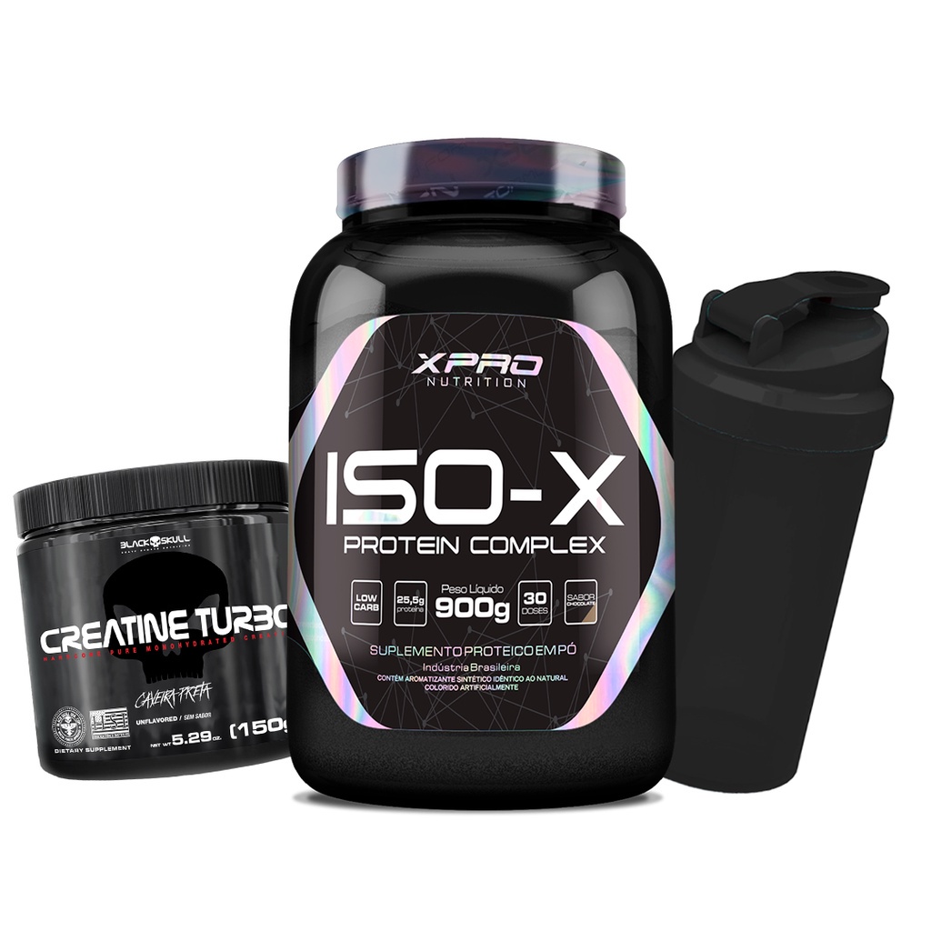 Kit Combo Suplementos Whey Iso-X 900g + Creatina Turbo 150g + Coqueteleira – Black Skull