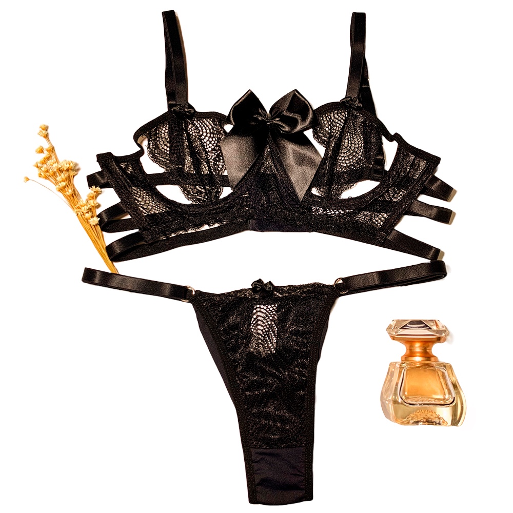 Conjunto Lingerie Sexy Sutiã Com Renda E Calcinha Fio Duplo Sutian Sem