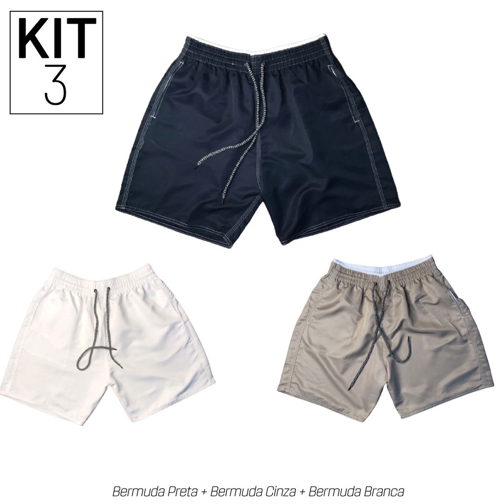 Kit 3 Bermudas/short Mauricinho Lisa Estilo Neymar Altíssima Qualidade Padrão Shopping - Preta Branca E Cinza drop 6 Fabrica