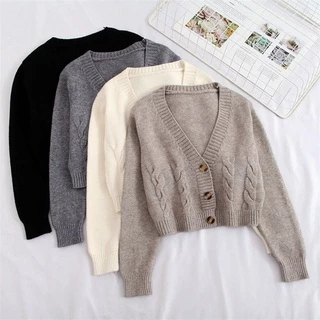 Feminina Coreanas Primavera Curto Cropped Cardigan Botão Up V neck Torcida Camisola De Malha