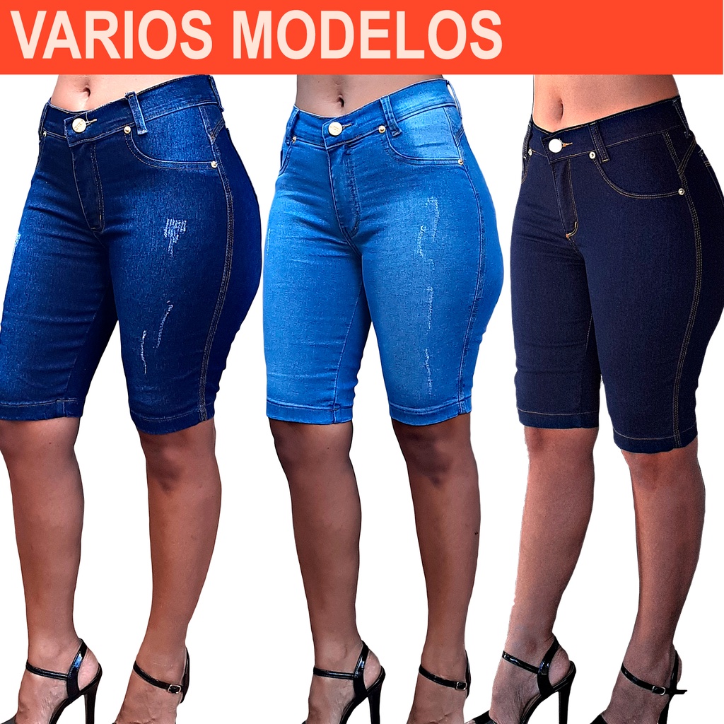 Short Jeans Bermuda Ciclista Feminino, Bermuda Jeans Cintura Alta Com Lycra ate o joelho