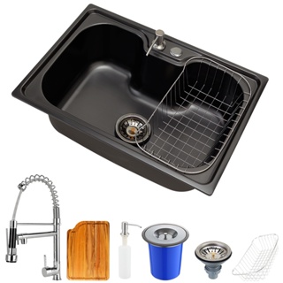 Cuba para Cozinha pia inox Com Acessórios tábua e lixeira Carajás preta e Torneira gourmet monocomando munim Pingoo