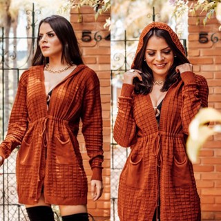 Cardigan longo capuz, casaco feminino de linha, sobretudo feminino inverno, casaquinho com gorro, cardigã tricô