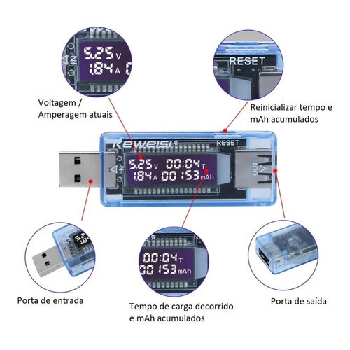 USB Tester - Voltímetro e Amperímetro - Testador de USB