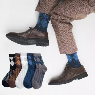 [Escolha De Valor] Rhomboids Meias De Algodão Riscado Tripulação Western Casual Long Men Moda Design Colorful Happy Business Dress Black Socks Man