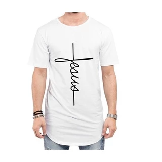 Camiseta Long Line Jesus Cristã Moda Masculina Camisa 100% Algodão Ótima Qualidade Entrega Rápida