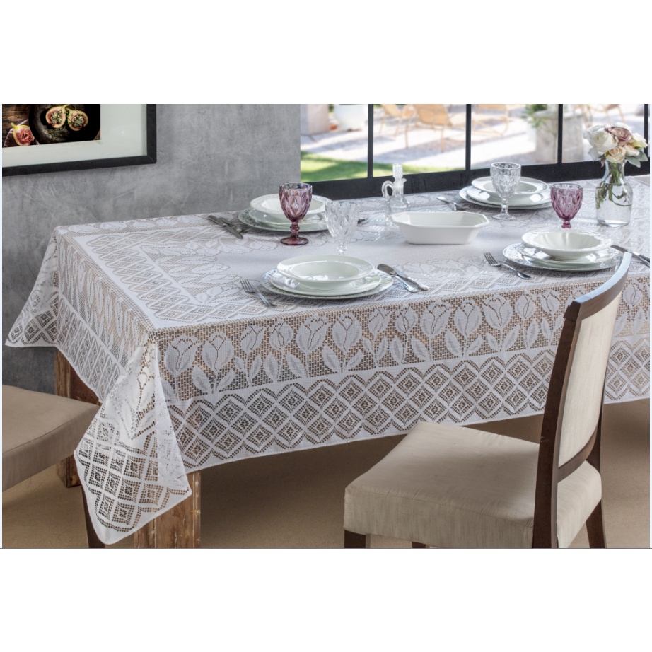 Toalha De Mesa Renda para 6 Lugares Tulipa Branca Retangular 1,60 x 2 ...