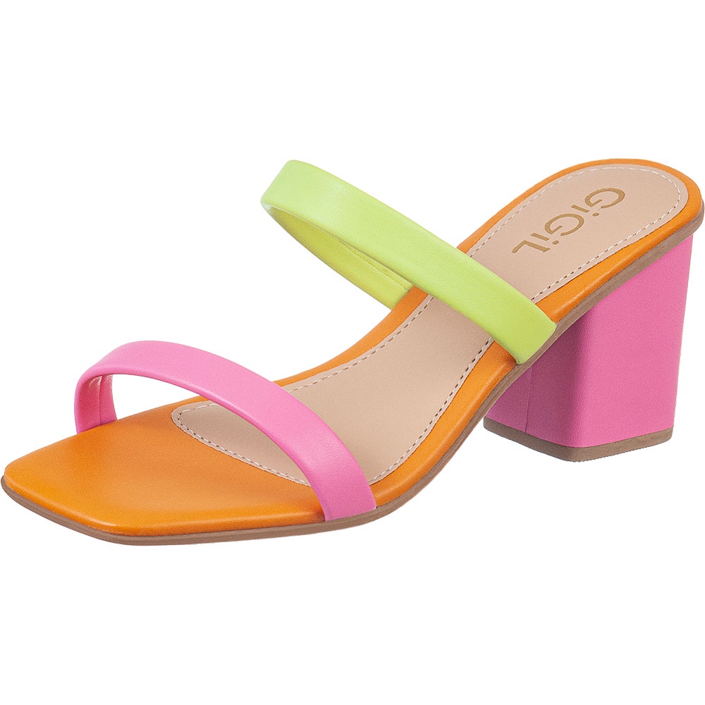 Tamanco Feminino GiGiL Colorida Salto Baixo Bloco Quadrado Multicolorida Neon Fresh Moda Blogueira Verão Confortável