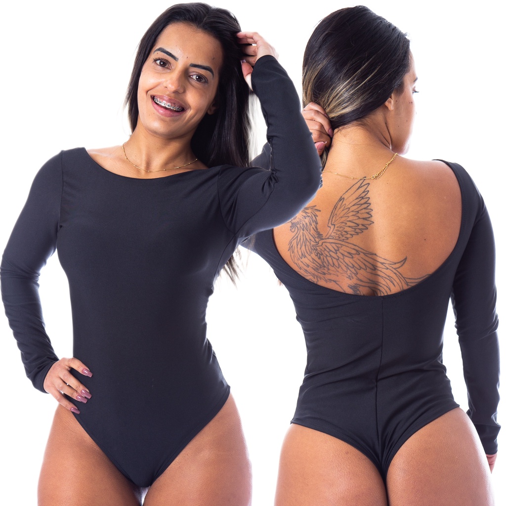 Body preto manga longa aberto best sale nas costas