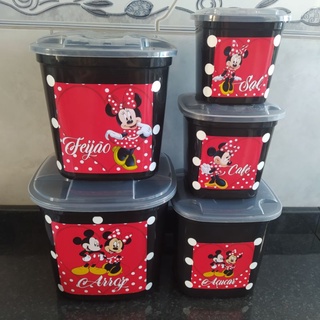 Jogo de mantimentos de plástico quadrado preto Mickey e Minnie com nomes fundo vermelho adesivado