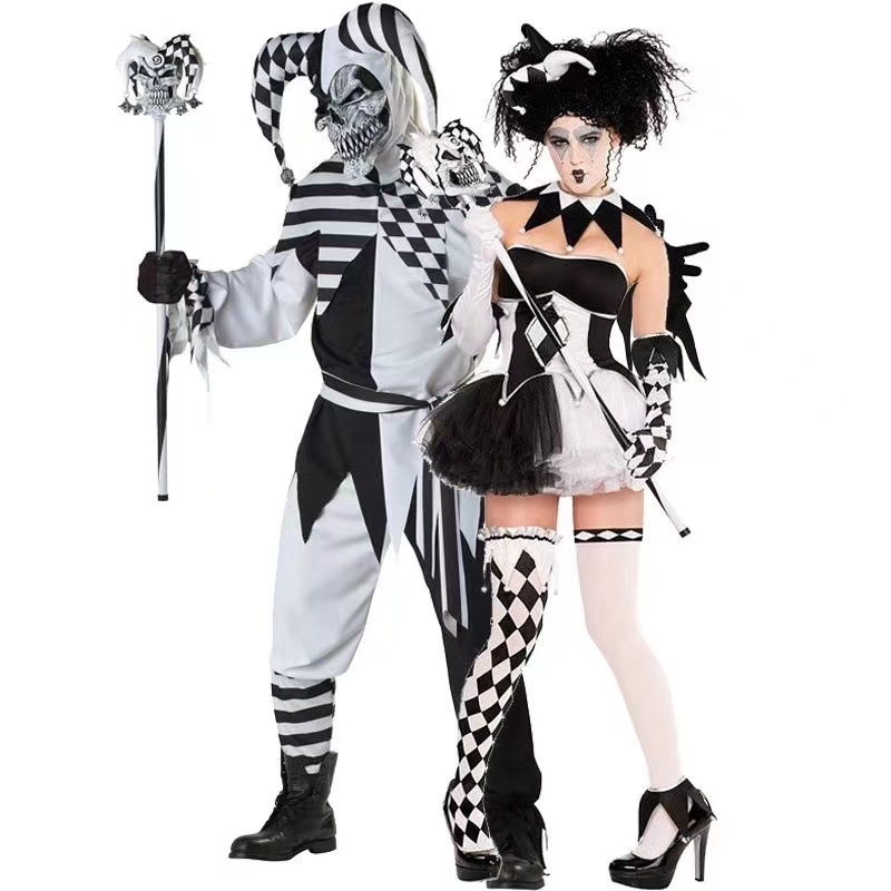 Halloween Adulto Preto E Branco Palhaço Fantasia Feminina Cosplay Masculina