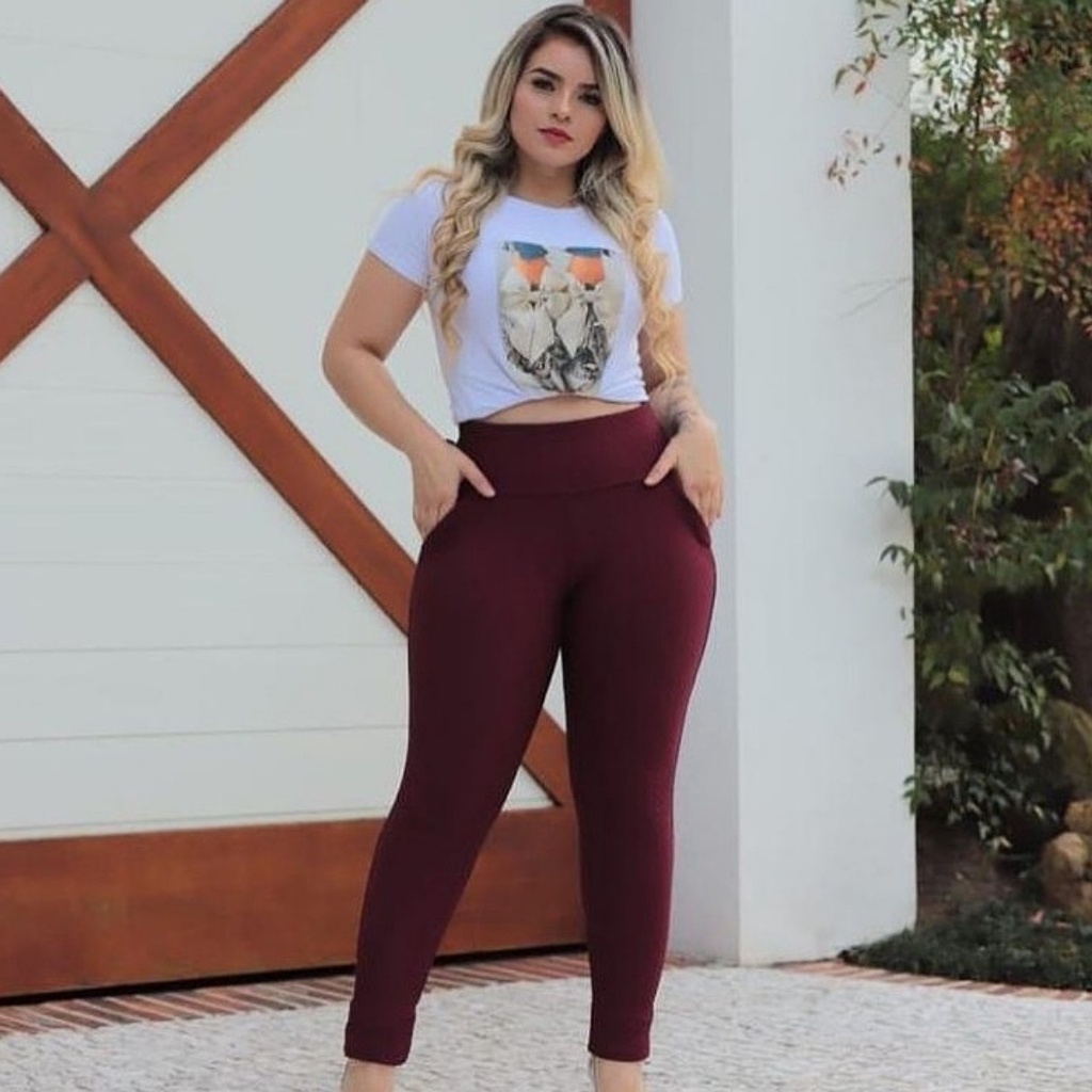 Calça legging cós alto flanelada com bolso, tecido grosso ref CLG001