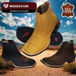 Botina Texana Masculina Bota Country Couro Nobuck Legitimo Western Cano Médio Bico Quadrado Marrom Preta ou Amarela