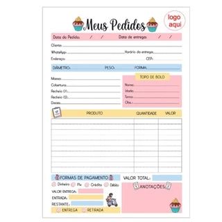KIT C/ 2 BLOCO DE PEDIDOS BOLEIRA 50 folhas cada COM SUA LOGO!