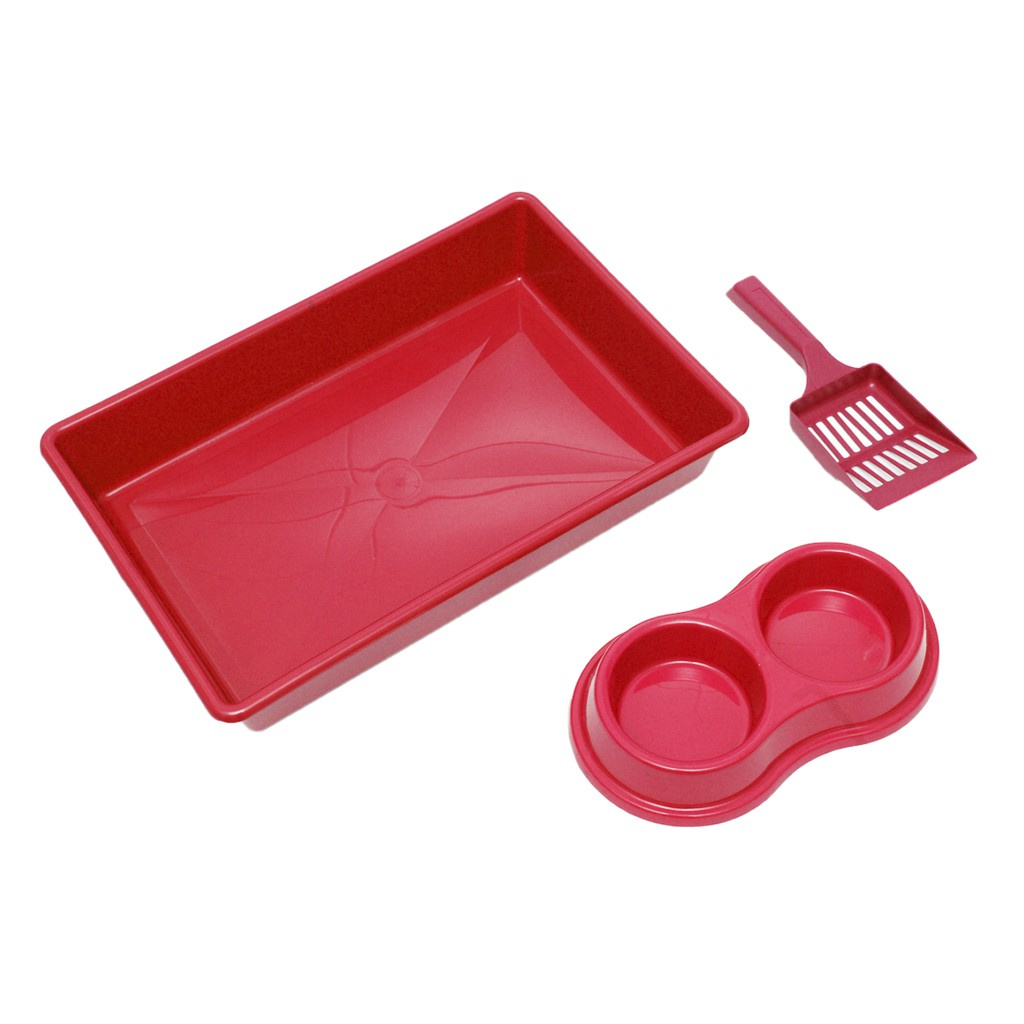 Kit Bandeja Higiênica Comedouro Duplo E Pá Para Gatos Premium