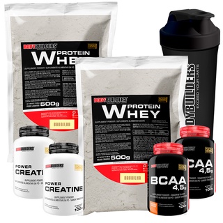 Kit 2x Whey Protein Concentrado em Blend Proteico 500g + 2x BCAA 4,5 100g + 2x Power Creatina 100g + Coqueteleira - Otimiza o Desempenho no Treino - Bodybuilders