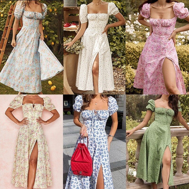 【Ready Stock】Women Floral Printed Square Collar Puff Sleeve Split Dresses Slim Elegant Ruched Lace Up Backless Midi Dress Summer Casual Mujer