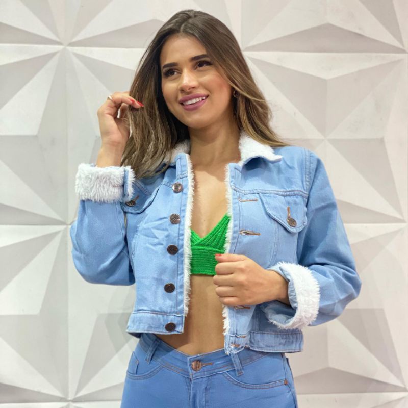 Jaqueta feminina jeans com sales pelo