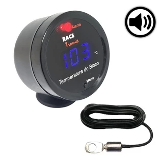 Medidor Temperatura do Bloco do Motor Digital Azul Racetronix TB90 Com Sensor 2,4m Copo Suporte Adesivo e Sirene Alerta Sonoro