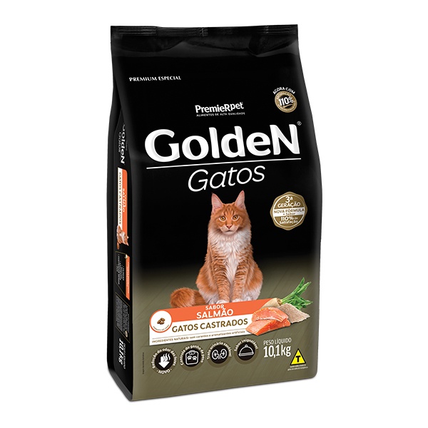 Ração Golden para Gatos Adultos Castrados Sabor Salmão - 10,1Kg