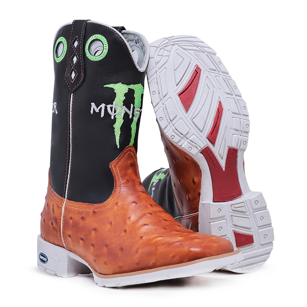 Bota Texana Monster Masculina Sola Branca Forma Bico Quadrado Em Couro Legítimo Bordado Monster