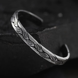 Pulseira Viking Punk Preto em Prata Antiga com Folhas – Novo Design de Braceletes Abertos para Homens.