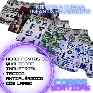 Kit 5 Cueca Boxer Infantil Algodão 8025 em Oferta na Shopee