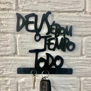 Porta Chaves Deus É Bom o Tempo Todo - MDF 5 Ganchos PRETO Fosco