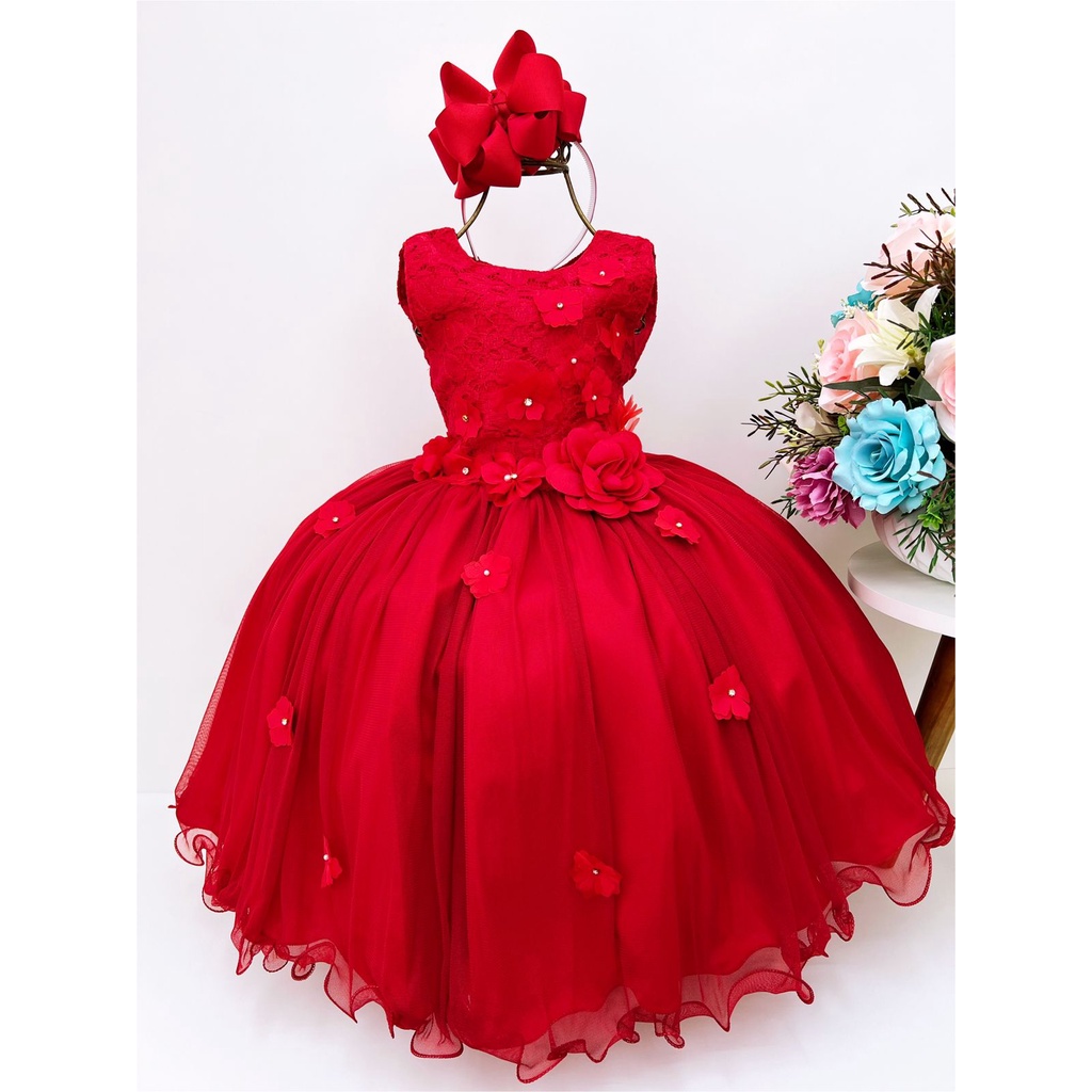 Vestido Infantil de Festa Vermelho Princesa com Renda Gliter e