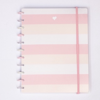 Caderno de disco Basic Rosa listrado -Folhas Reposicionáveis - Inteligente
