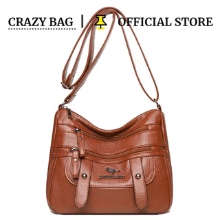 Bolsa Crazy De Couro Flexível De Grande Capacidade Ombro Cruzada Impermeável Para Mulheres