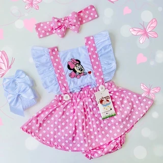 Jardineira Infantil Minnie Rosa Menina Bebe Body Romper 2 peças