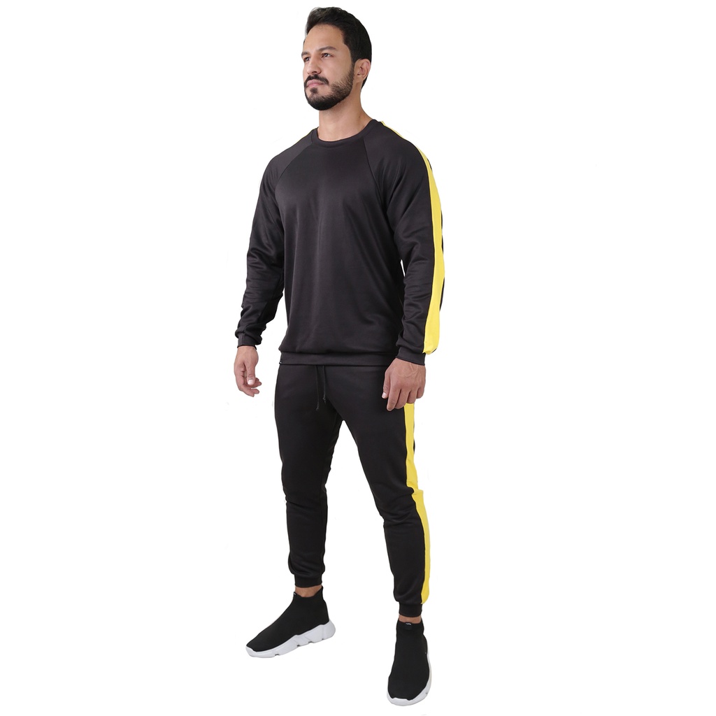 Conjunto Track Colegial Moletom Careca e Calça Jogger Preto/Amarelo Meio  Swag Produto Nacional