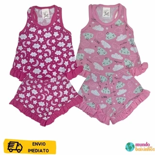 Pijama Menina Malha 100% Algodão Baby Doll Verão Confortável Estampado 1 ao 14 anos