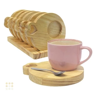 Jogo 6 Xicara Colorida 170ml Porcelana C/kit Souplat Suplat Supla Suspla Sousplat em Madeira
