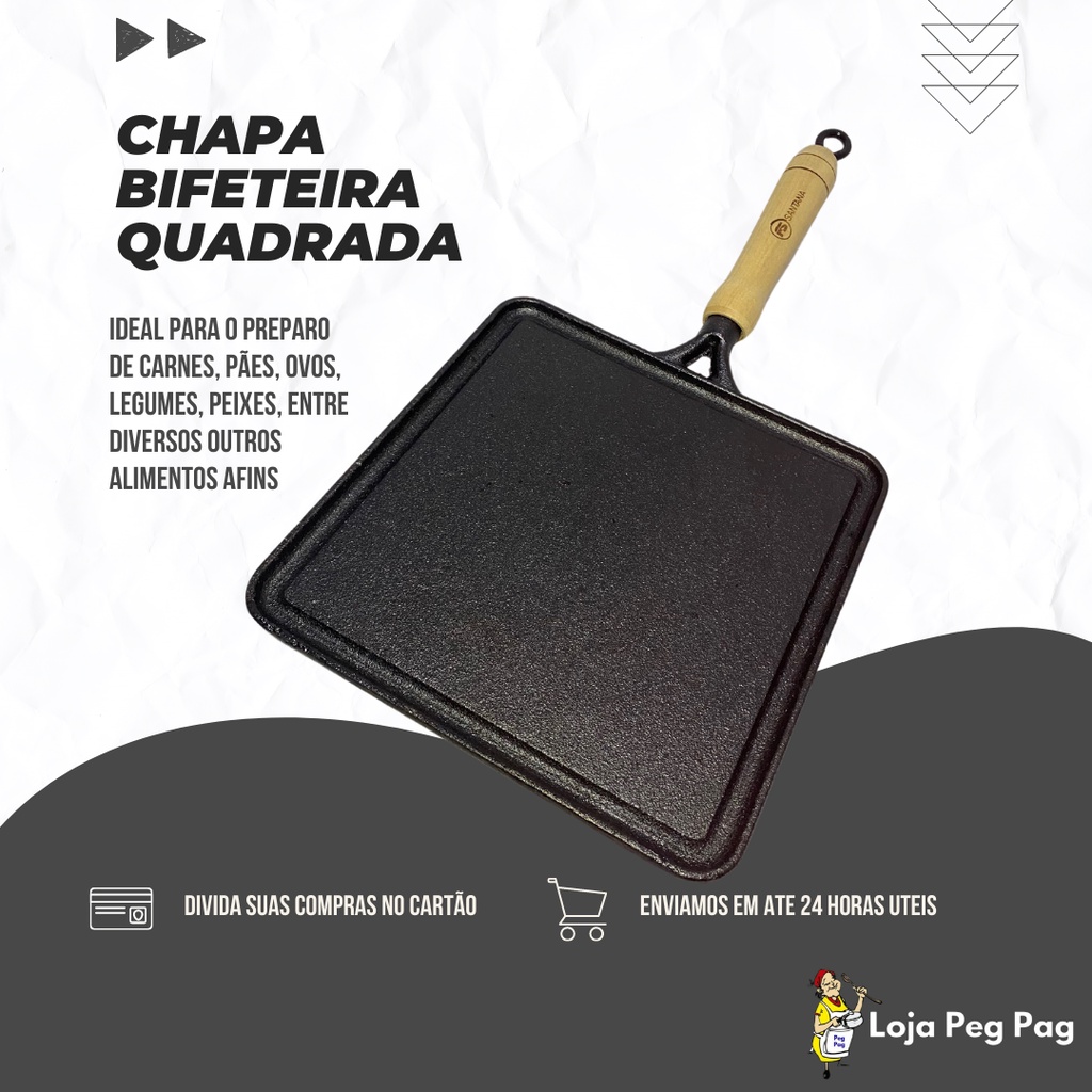 Chapa Bifeteira Ferro Quadrada Lisa para Servir Porção
