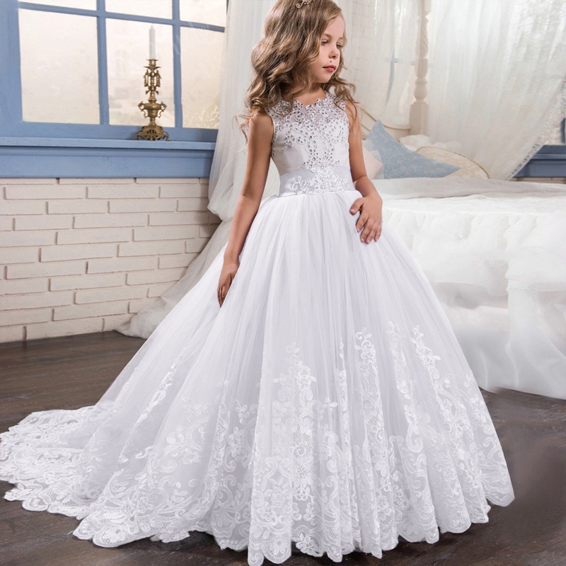 Vestido De Dama De Honra Branca Meninas Princesa Longa Para Festa De Casamento 3 Anos 4 Ano 5 6 7 8 9 11 12 13 14