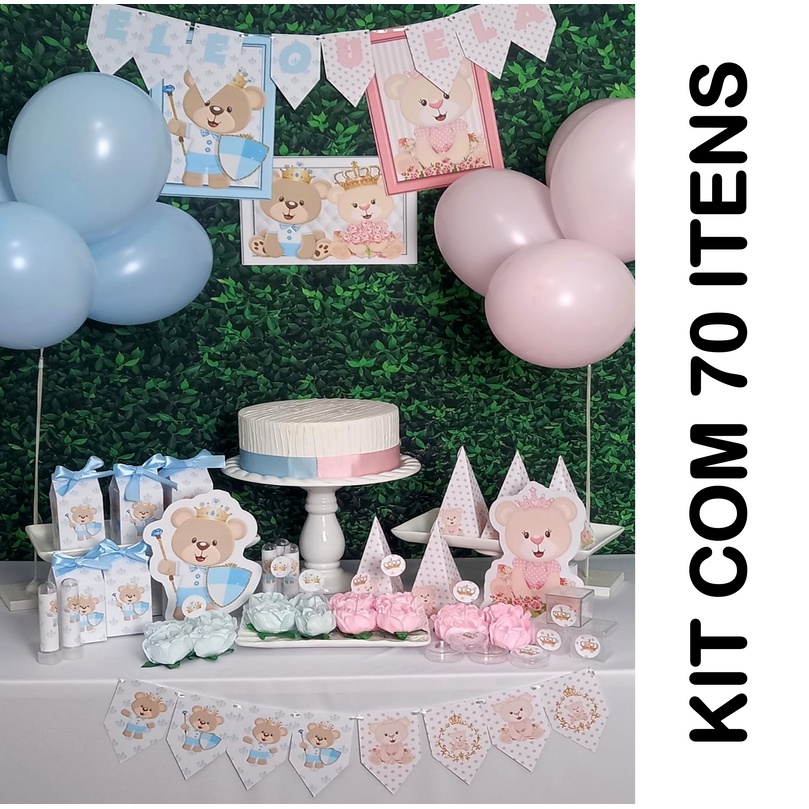 Cha Revelação Ursinhos70 itens Kit so um bolinho 70 itens