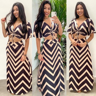 Conjunto Feminino Saia Longa + Cropped Multiforma Cintura Alta Verão Moda Evangélica Tendência 2022