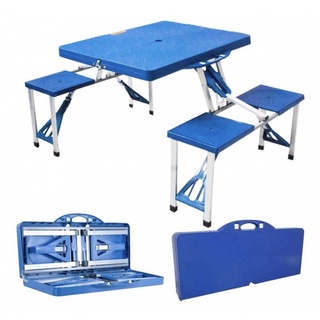 Mesa Dobravel de aluminio azul com 4 banquetas para Camping GH200 Globalmix